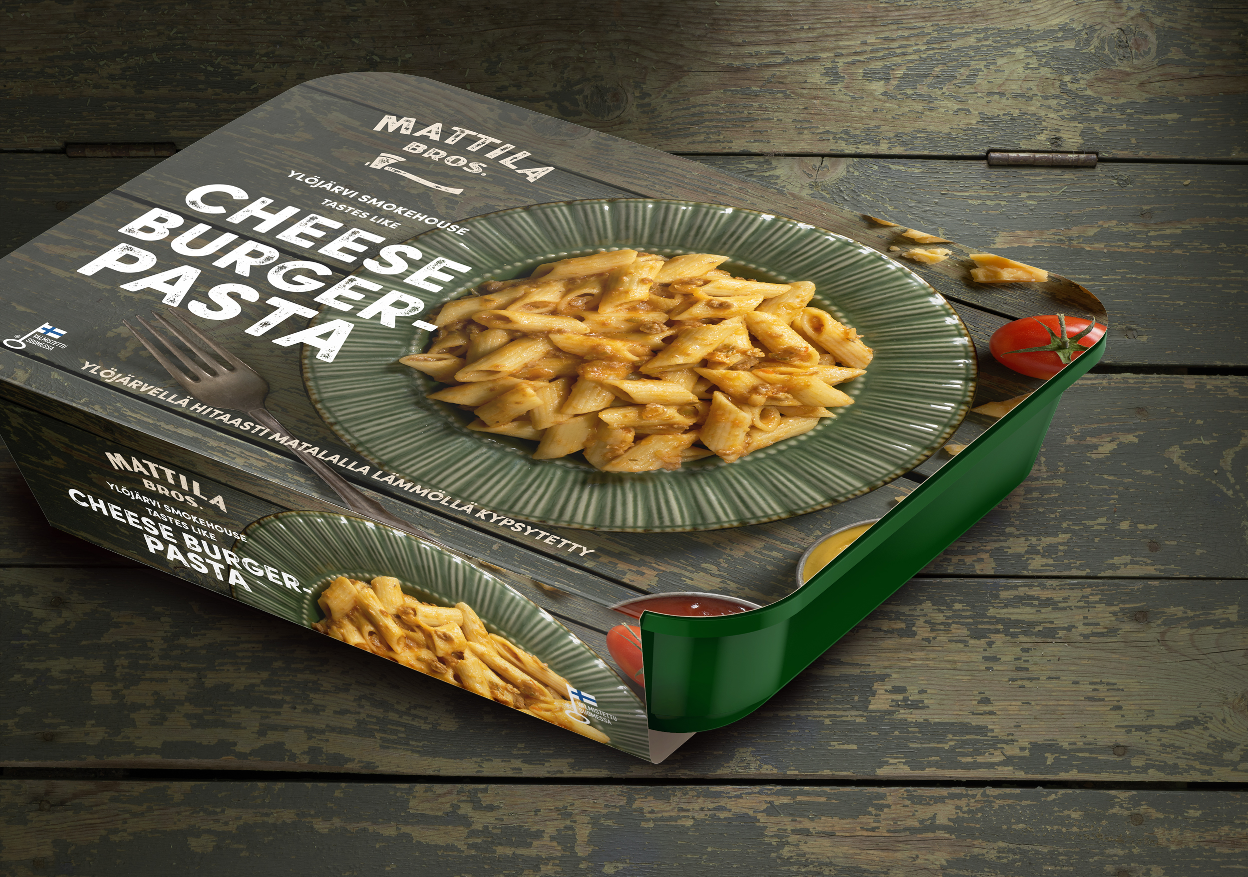 Cheese Burger pasta valmisruokapakkauksen suunnittelu Pakkaussuunnittelija Outi